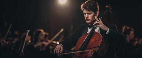 The talented cellist performing in a captivating orchestral concert setting. photo