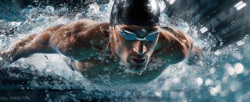 The swimmer in motion creating dynamic splashes in a competitive environment. photo