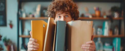 The young man overwhelmed by a stack of colorful file folders. photo
