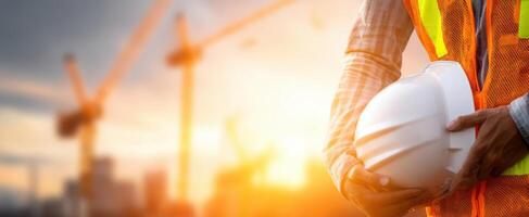 The construction worker holding a helmet during a sunset at a building site. photo