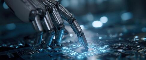 The robotic hand interacting with a circuit board in a futuristic setting. photo