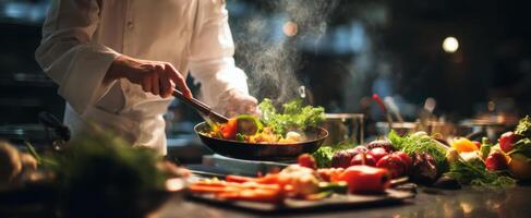 The chef skillfully preparing a gourmet dish in a vibrant kitchen setting. photo