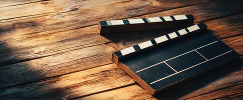 The classic clapperboard resting on a wooden surface illuminated by natural light. photo