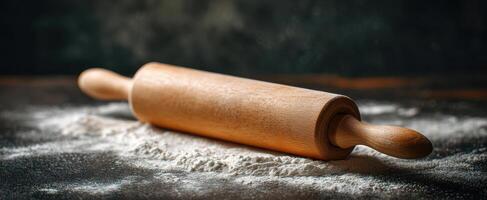 The wooden rolling pin surrounded by flour on a rustic kitchen surface. photo