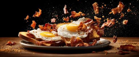 The delicious breakfast eggs and crispy bacon splattering on a plate. photo