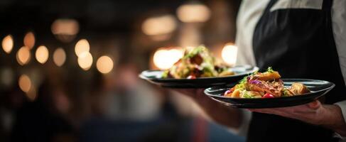 The waiter serving delicious gourmet dishes in a modern restaurant setting. photo