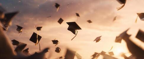 The Graduation Caps Flying High in a Celebration of Achievement at Sunset photo