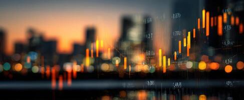 The dynamic financial chart reflecting urban growth and investment trends at sunset. photo