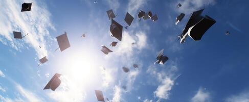 The Graduating Caps Soaring in Celebration Against a Bright Sky photo