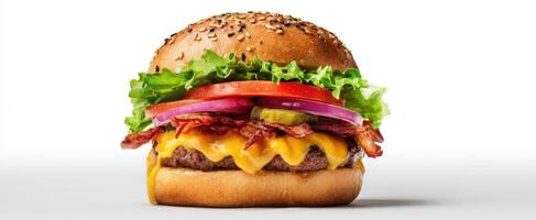 The mouthwatering cheeseburger with crispy bacon and fresh vegetables. photo