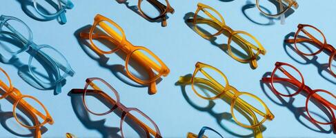 The colorful collection of stylish glasses resting on a blue background photo