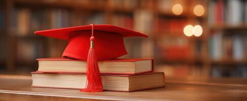 A graduation cap sits on top of a stack of books photo