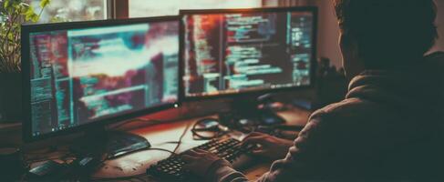 The programmer working on multiple screens in a modern workspace environment. photo
