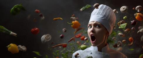 The Chef in Action with Exploding Ingredients and Vibrant Emotions photo