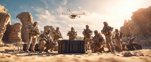 The military unit strategizing under a drone in a desert landscape. photo