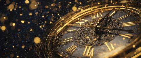 The luxurious ornate clock surrounded by a sparkling golden backdrop. photo
