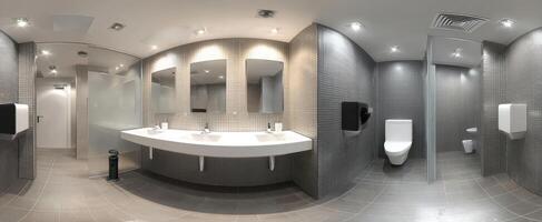 The modern restroom featuring sleek design and elegant fixtures. photo