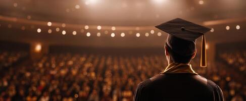 The Graduate Standing Proud Before a Large Audience During Commencement Ceremony photo