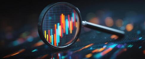 The magnifying glass revealing colorful stock graph on digital workspace. photo