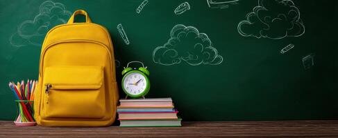 The Yellow Backpack and Clock on a Classroom Desk Ready for School photo