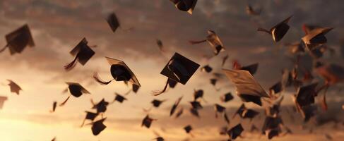 The Graduation Caps Soaring Endlessly into a Vibrant Sunset Sky photo