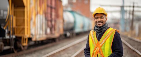 The confident railway worker smiling near train carriages at a busy railway. photo