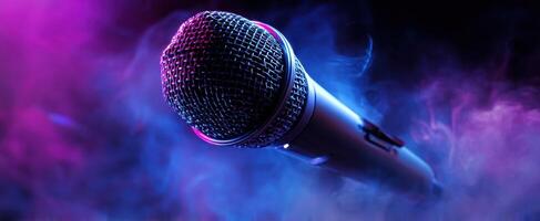 The captivating microphone illuminated by colorful smoke and dramatic lighting. photo