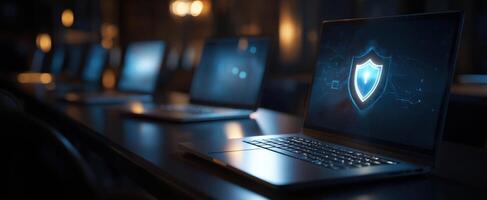 The laptop featuring cybersecurity protection in a modern office environment. photo
