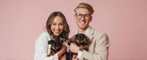 The joyful couple poses with their adorable puppies in a vibrant studio setting. photo