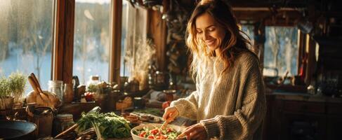 The woman preparing a fresh salad in a cozy rustic kitchen. photo