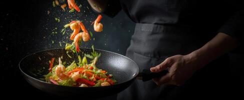 The chef skillfully tosses shrimp and vegetables in a sizzling stir-fry. photo