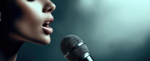 The singer passionately performing into a microphone under dramatic lighting. photo
