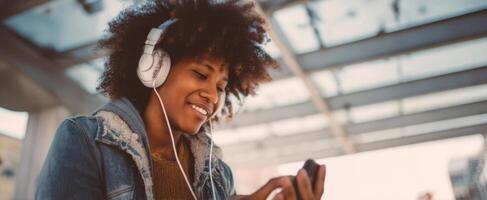 The joyful young woman enjoying music with headphones in an urban setting. photo