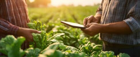 The farmers collaborating in a field using a tablet for agricultural insights. photo