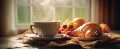 The steaming coffee cup and fresh breakfast on a sunlit table. photo
