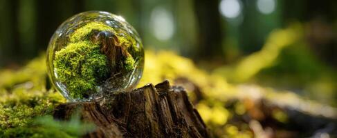 The stunning glass sphere reflecting vibrant nature on a mossy background. photo