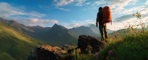 The hiker stands on a rocky outcrop overlooking a breathtaking mountain landscape. photo