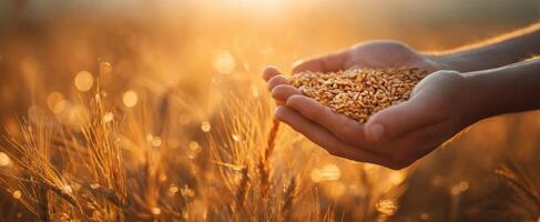 The hands holding golden wheat grains in a beautiful sunset field. photo
