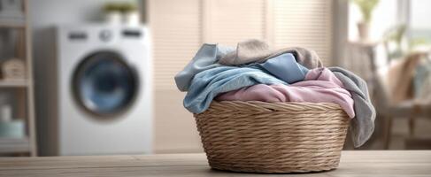 The laundry basket filled with freshly washed clothes in a cozy home setting. photo