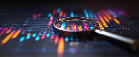 The magnifying glass highlighting colorful data trends on a digital background. photo