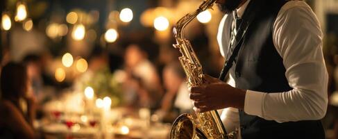 The saxophonist performing enchanting melodies in an elegant dining setting. photo