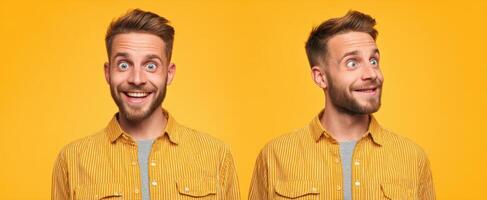 The expressive man showcasing different emotions against a vibrant yellow background. photo