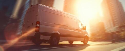 The speeding van navigating urban streets under a vibrant sunset. photo