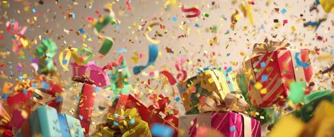 The vibrant celebration of gifts and confetti in a joyful atmosphere. photo