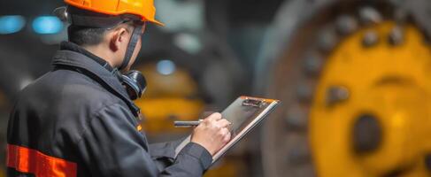 The industrial worker inspecting machinery with a clipboard in a factory setting. photo