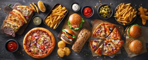 The vibrant spread of pizza, burgers, and fries on a wooden table photo