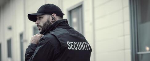The Security Guard Monitoring the Area with Professional Alertness and Focus photo