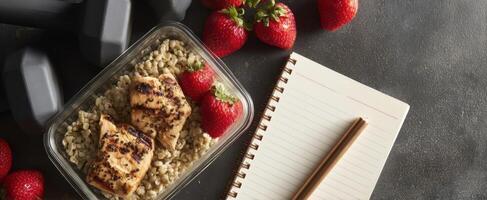 The healthy meal prep with salmon, strawberries, and workout essentials. photo