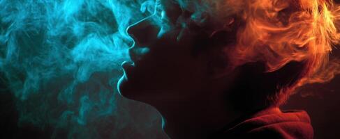 The dramatic portrait of a person exhaling vibrant colored smoke. photo