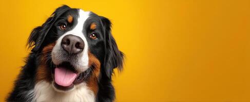 The cheerful Bernese Mountain Dog posing against a vibrant yellow background. photo